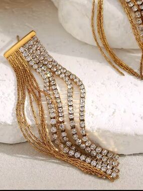 Anthropologie Gold Crystal Fringe Drop Earrings